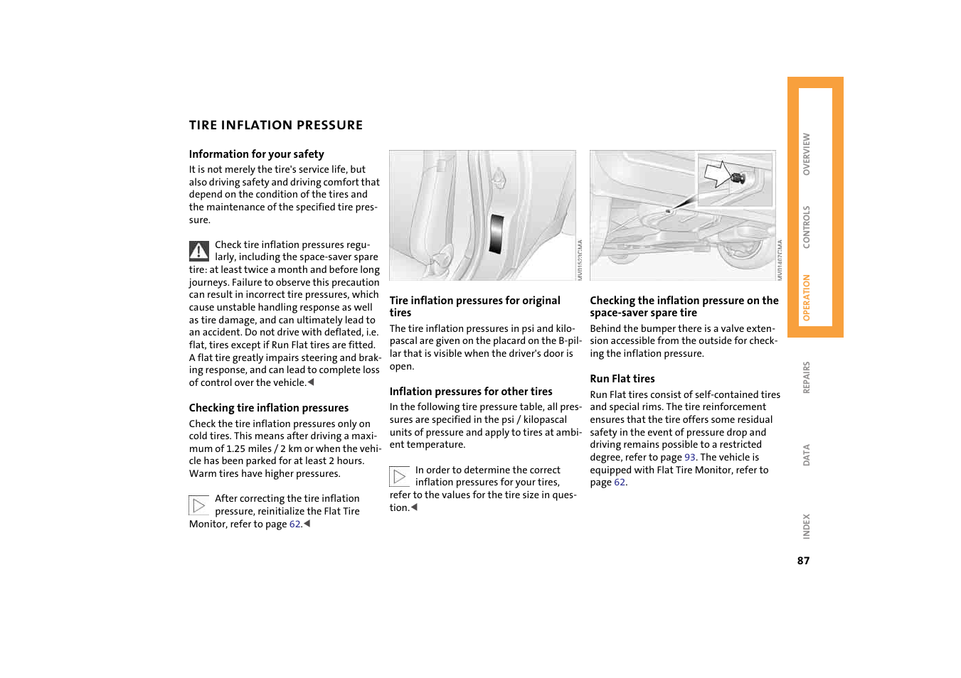 Tire inflation pressure | Mini 2004 Cooper User Manual | Page 89 / 152