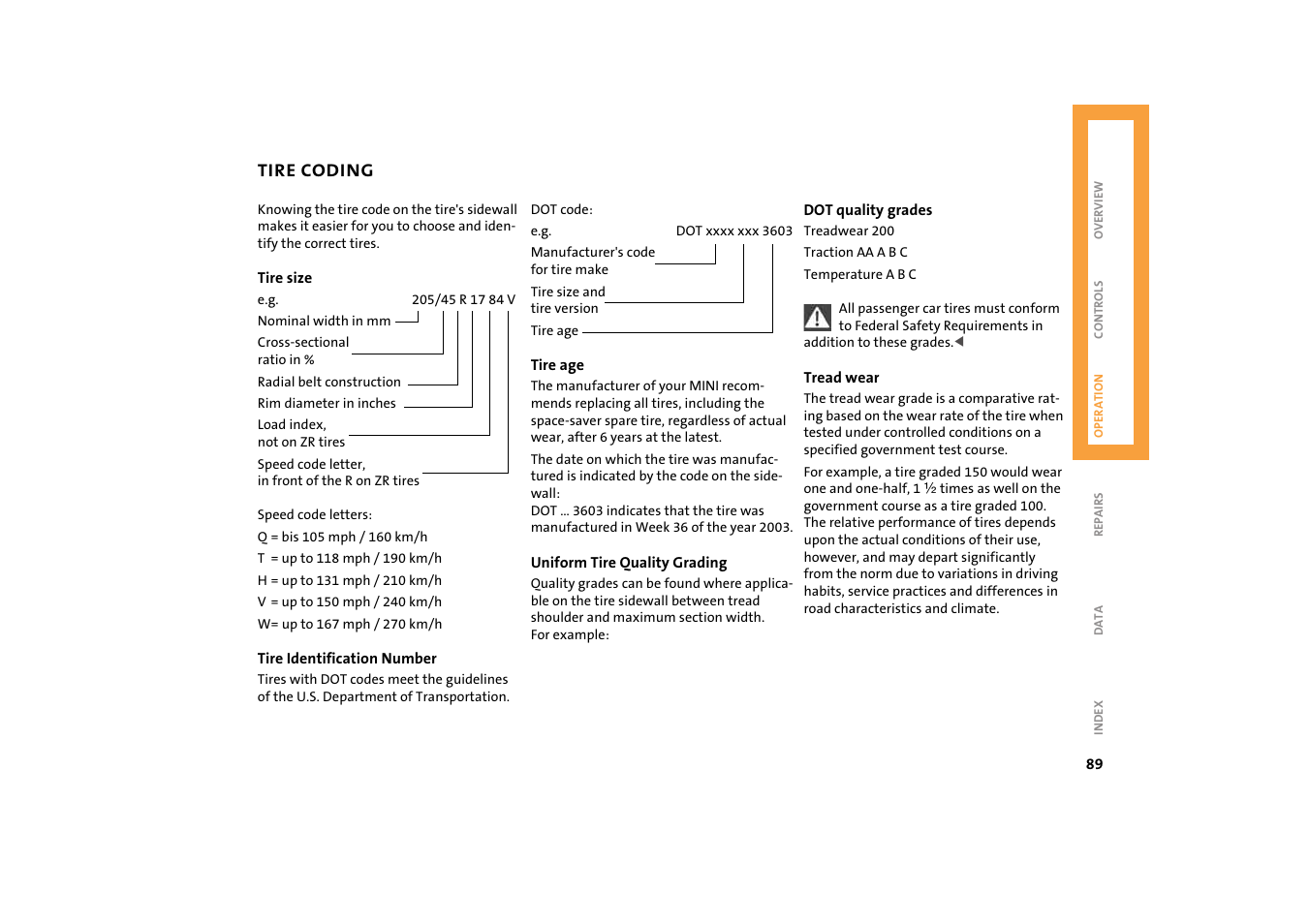 Tire coding | Mini 2004 Cooper User Manual | Page 91 / 152