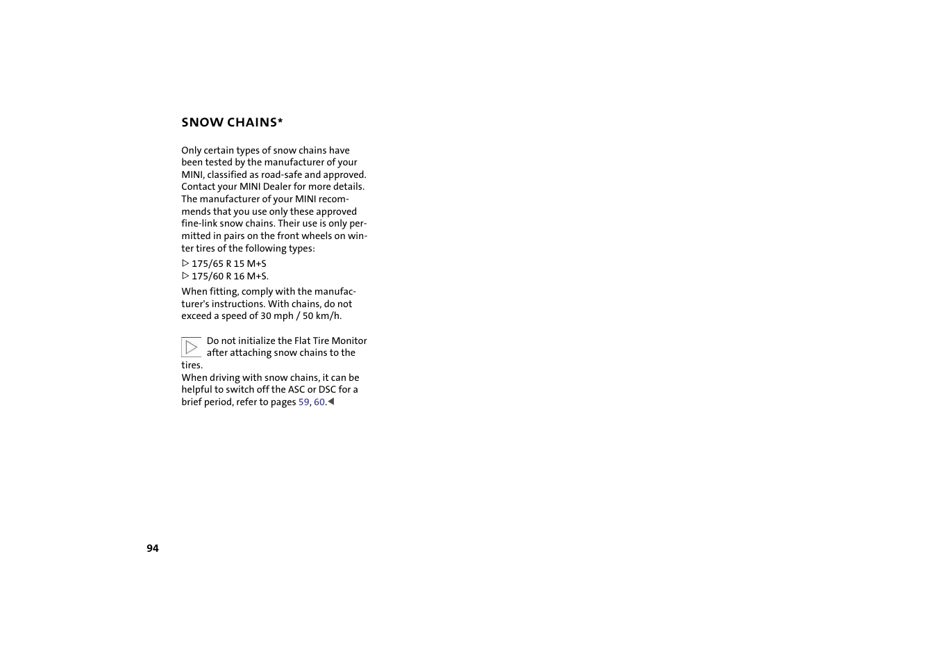 Snow chains | Mini 2004 Cooper User Manual | Page 96 / 152