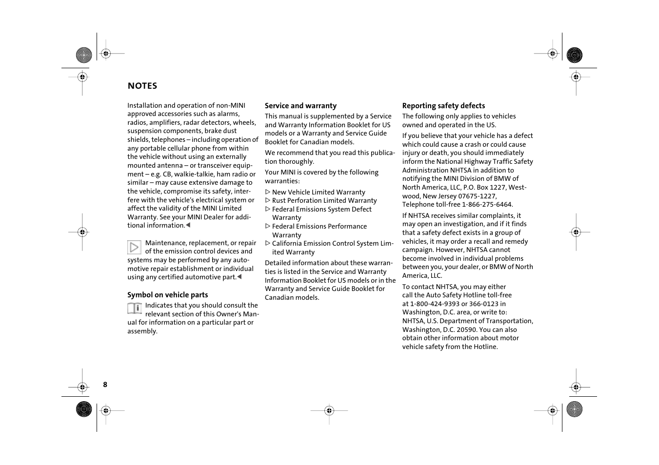 Service and warranty, Reporting safety defects, Symbol on vehicle parts | Mini 2003 Cooper User Manual | Page 10 / 148