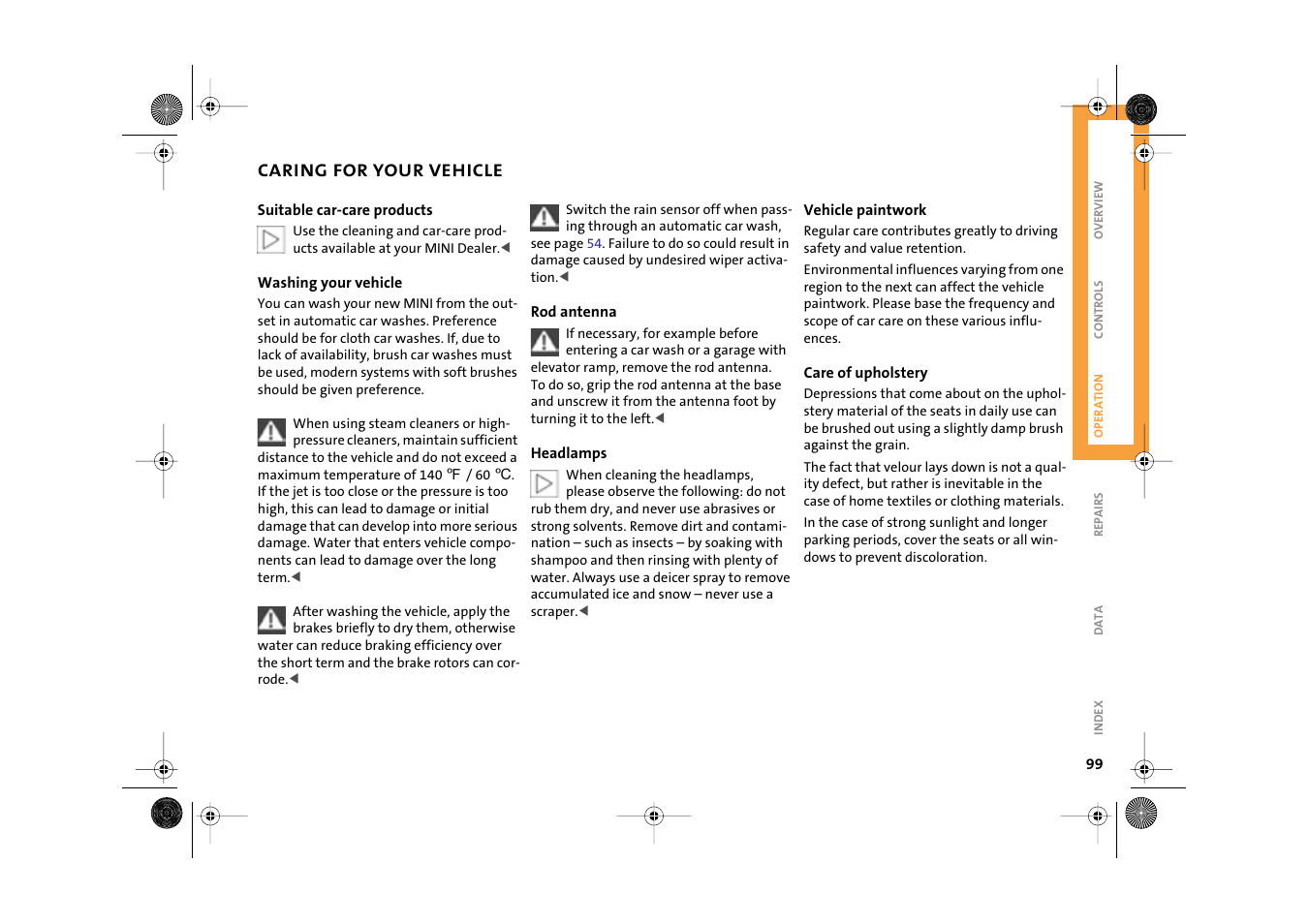 Caring for your vehicle | Mini 2003 Cooper User Manual | Page 101 / 148