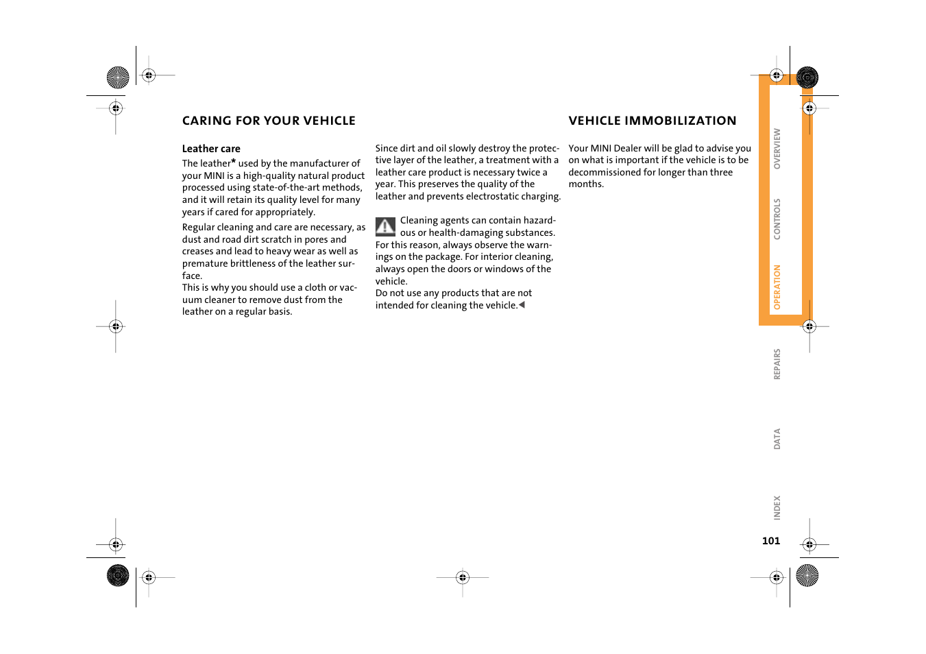 Caring for your vehicle, Vehicle immobilization | Mini 2003 Cooper User Manual | Page 103 / 148