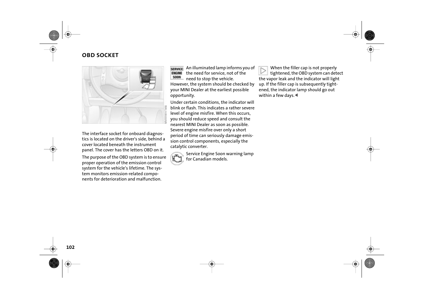 Obd socket, Obd interface socket | Mini 2003 Cooper User Manual | Page 104 / 148