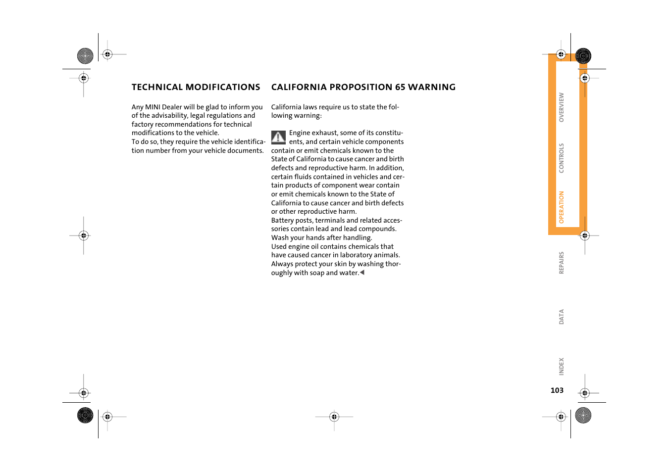Technical modifications, California proposition 65 warning | Mini 2003 Cooper User Manual | Page 105 / 148