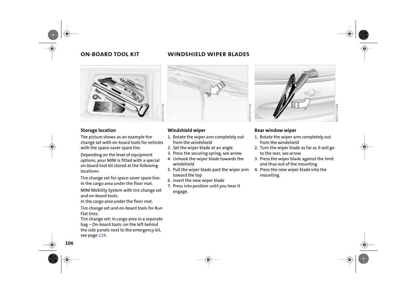 On-board tool kit, Windshield wiper blades | Mini 2003 Cooper User Manual | Page 108 / 148