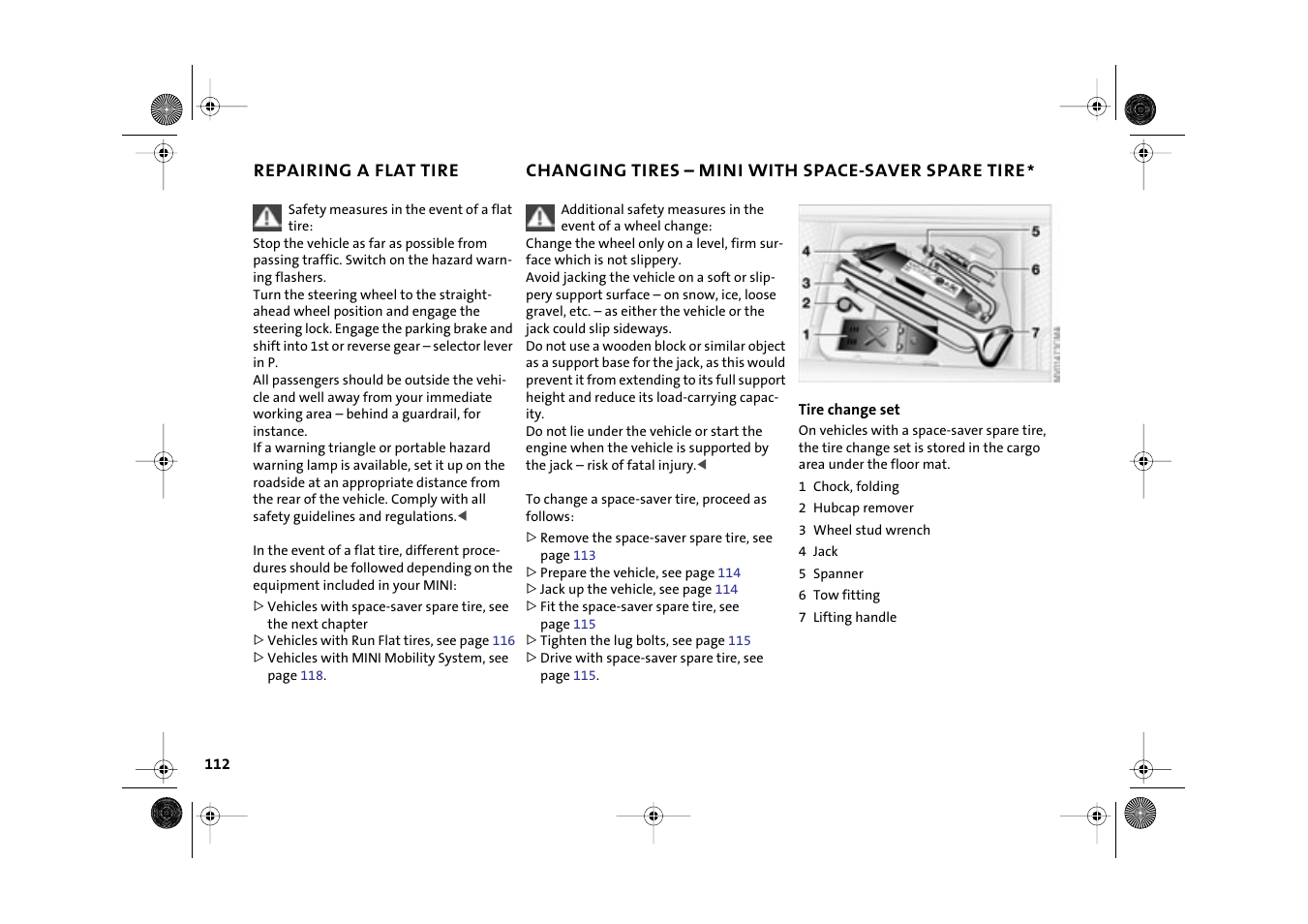 Repairing a flat tire, Changing tires – mini with space-saver spare tire, Mini with space-saver spare tire | Mini 2003 Cooper User Manual | Page 114 / 148