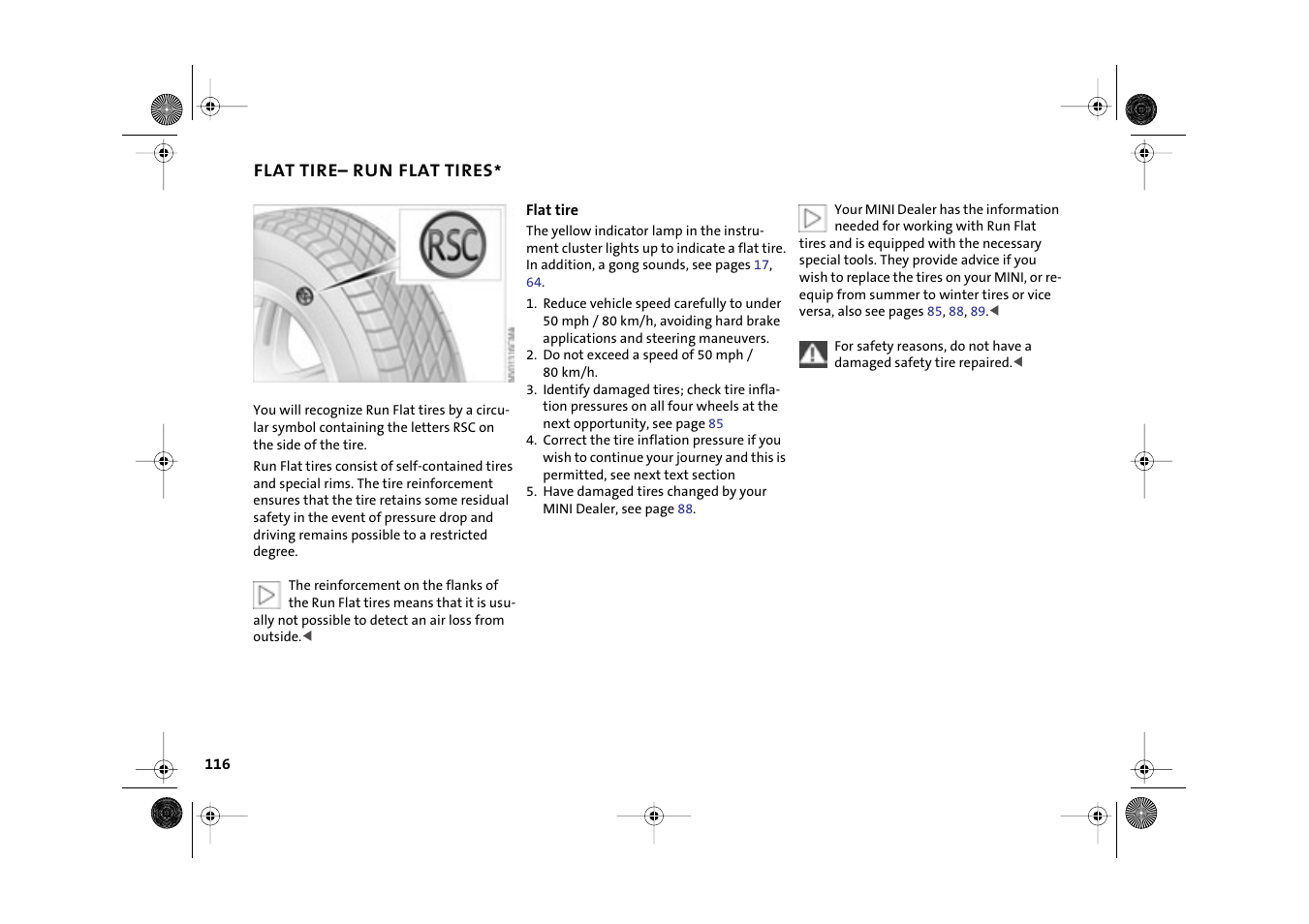 Flat tire – run flat tires, Run flat tires | Mini 2003 Cooper User Manual | Page 118 / 148