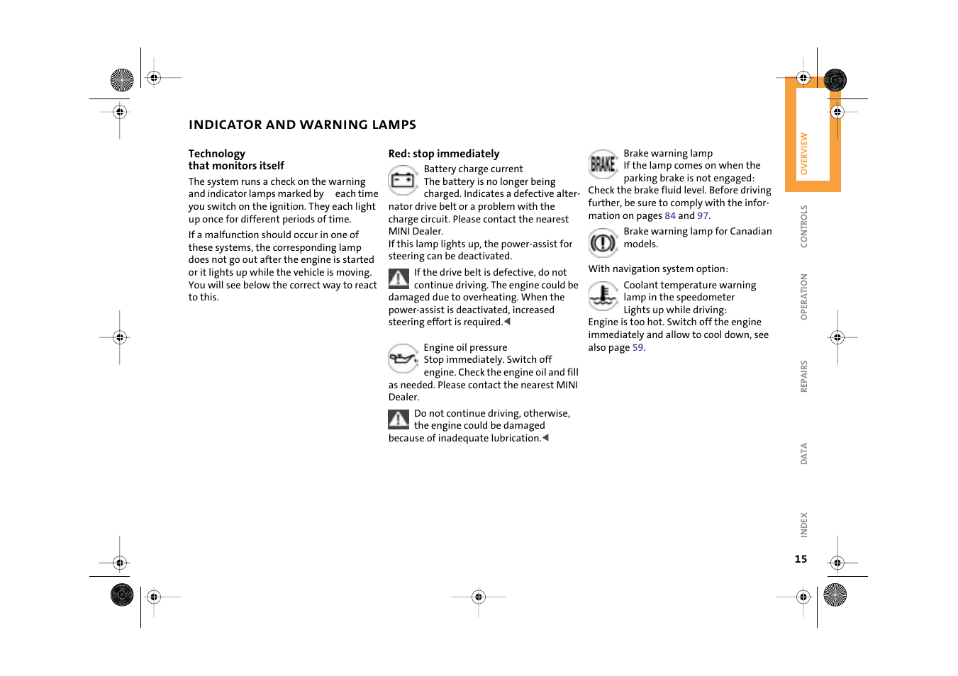 Indicator and warning lamps | Mini 2003 Cooper User Manual | Page 17 / 148