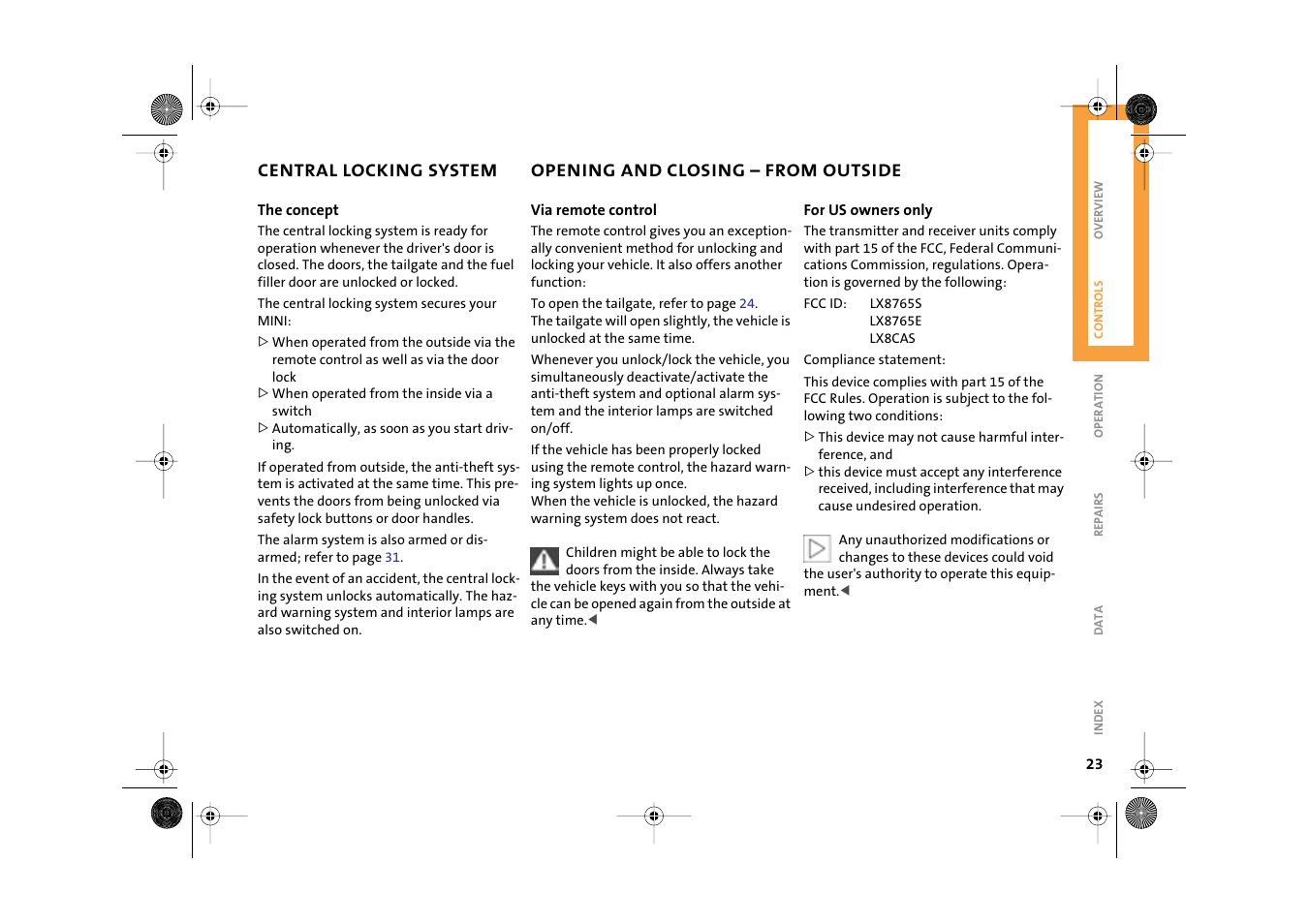 Central locking system, Opening and closing – from outside | Mini 2003 Cooper User Manual | Page 25 / 148