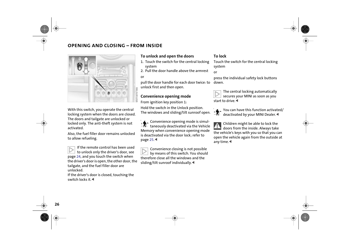 Opening and closing – from inside | Mini 2003 Cooper User Manual | Page 28 / 148