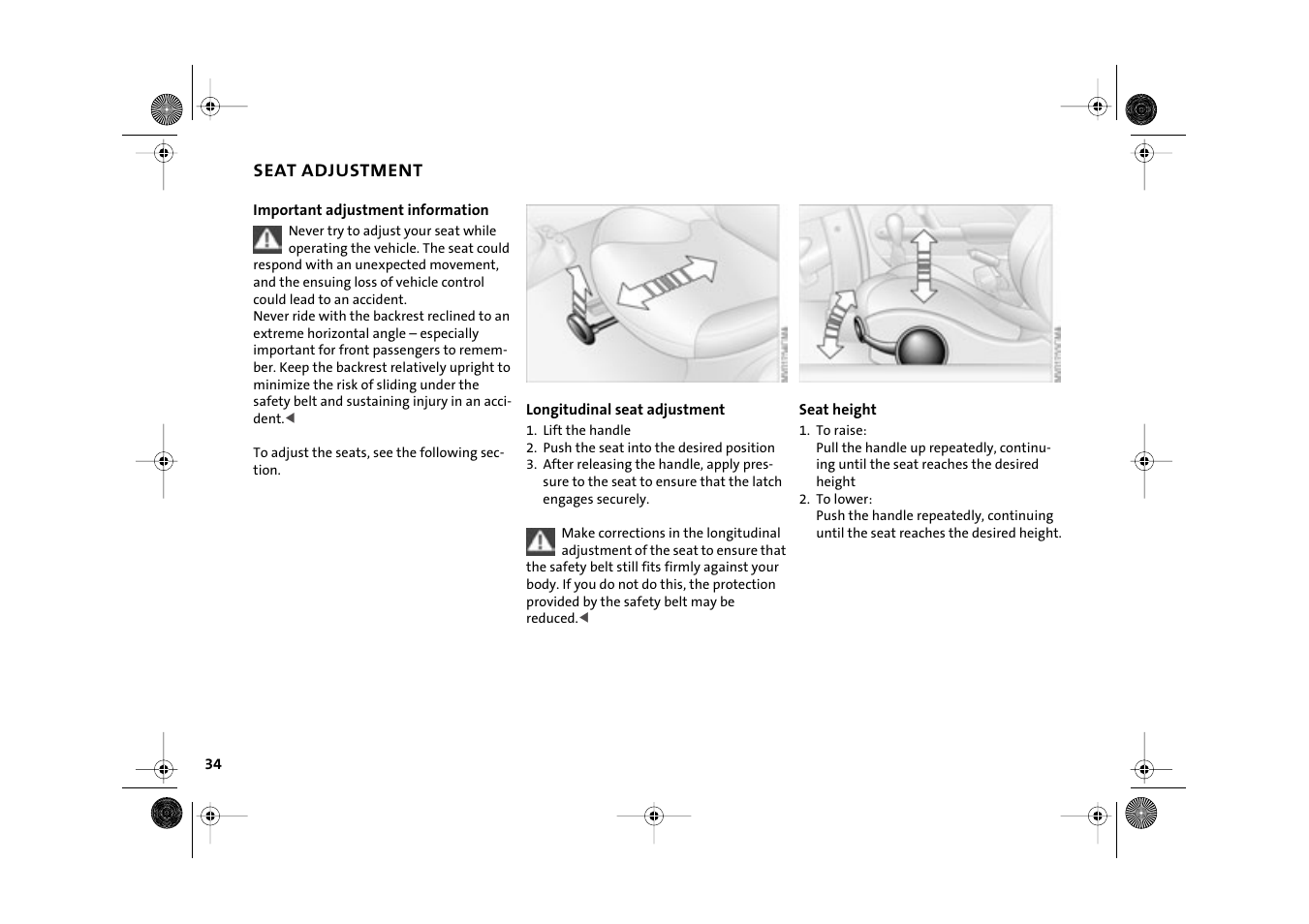 Seat adjustment | Mini 2003 Cooper User Manual | Page 36 / 148
