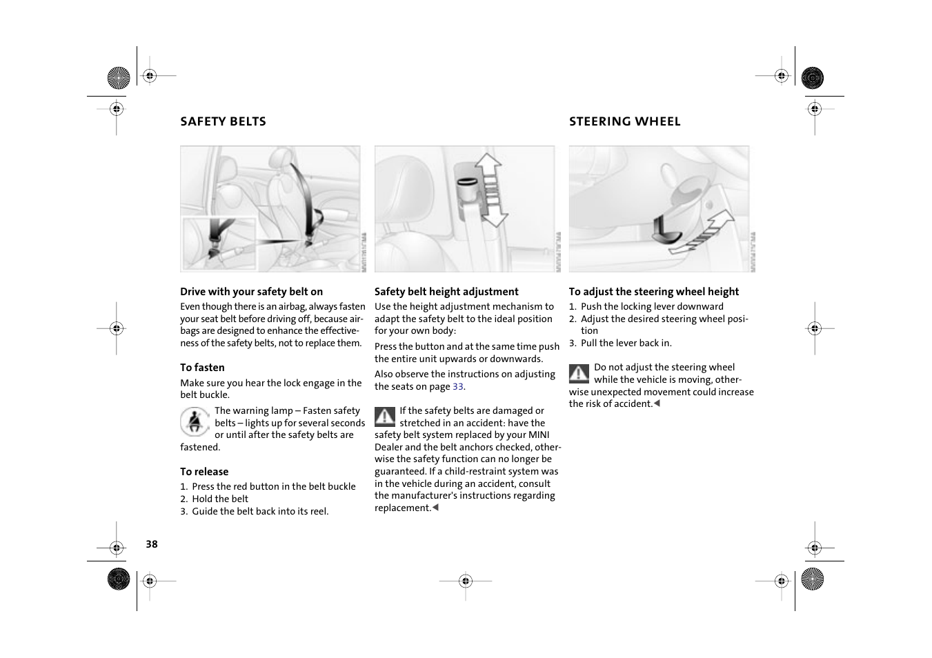 Safety belts, Steering wheel | Mini 2003 Cooper User Manual | Page 40 / 148