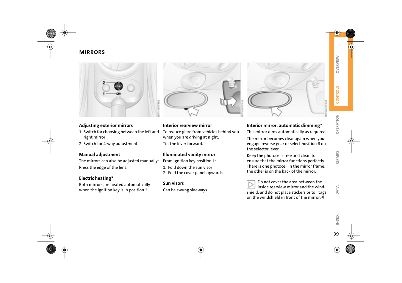 Mirrors, Outside mirror adjustment | Mini 2003 Cooper User Manual | Page 41 / 148