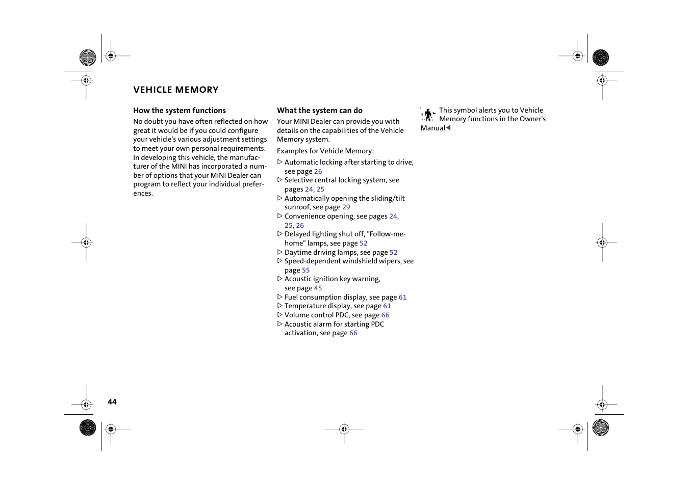 Vehicle memory | Mini 2003 Cooper User Manual | Page 46 / 148