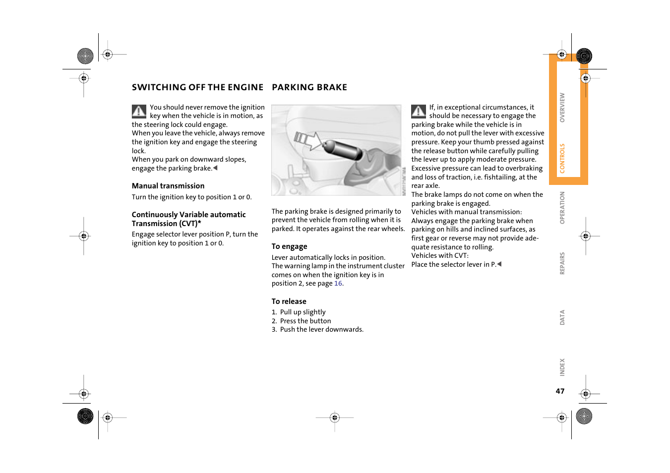 Switching off the engine, Parking brake | Mini 2003 Cooper User Manual | Page 49 / 148