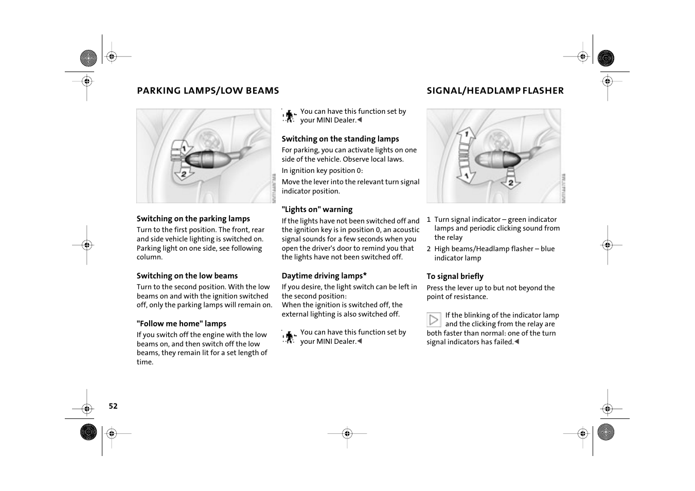 Parking lamps/low beams, Signal/headlamp flasher, Flasher | Turn signal indicators, High beams, Headlamp flasher | Mini 2003 Cooper User Manual | Page 54 / 148