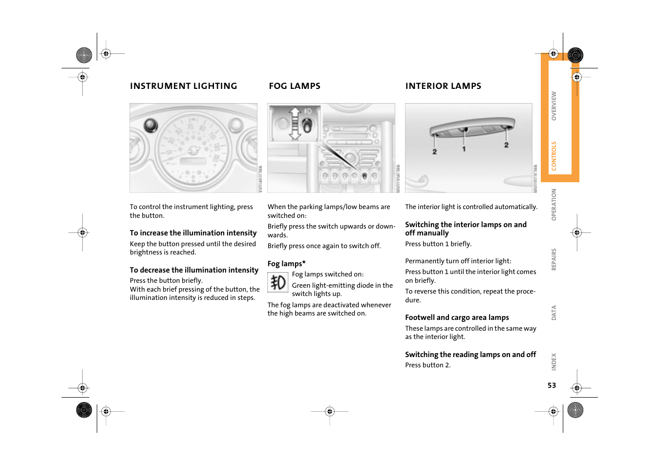 Instrument lighting, Fog lamps, Interior lamps | Mini 2003 Cooper User Manual | Page 55 / 148