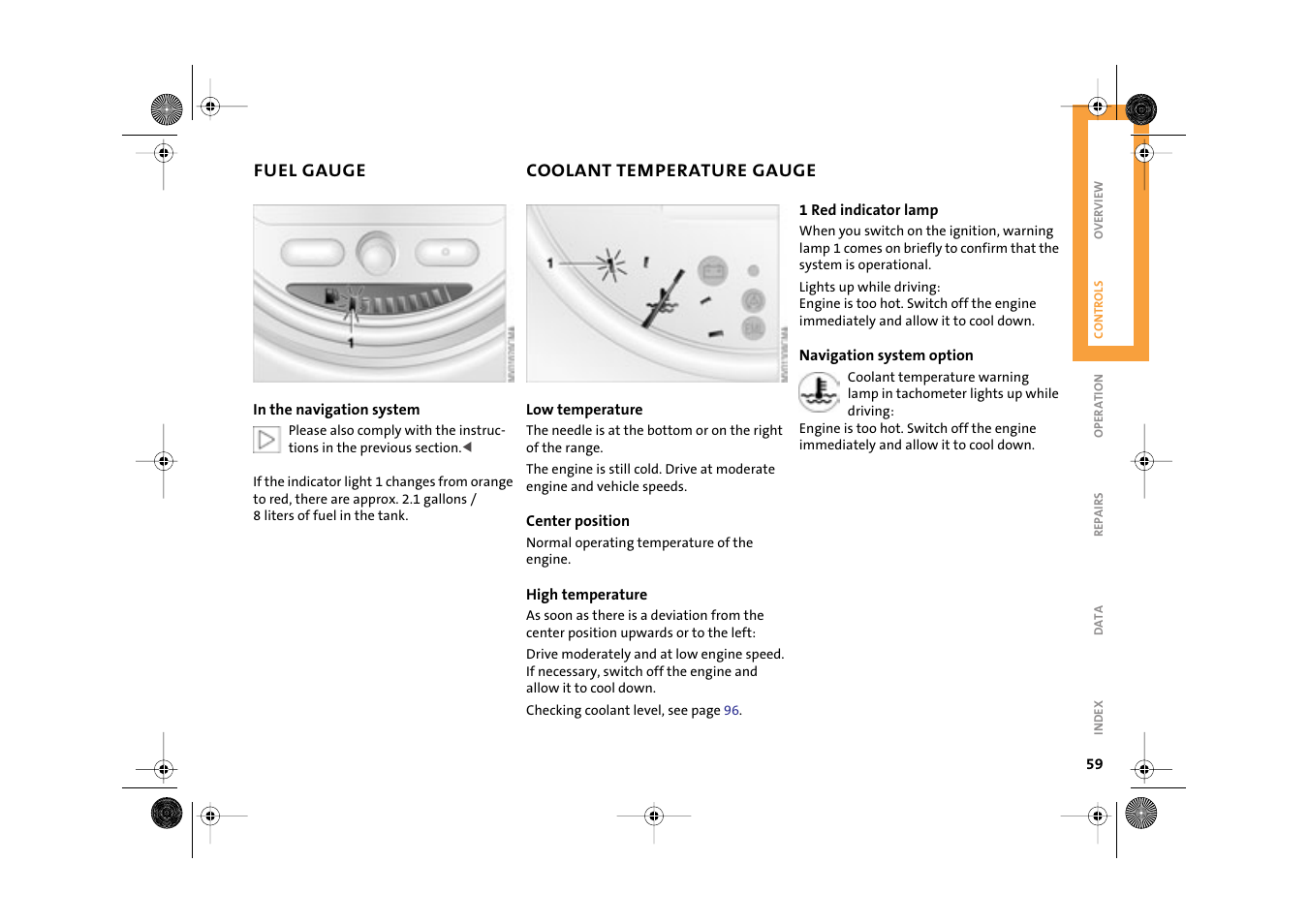 Coolant temperature gauge, Engine coolant temperature gauge | Mini 2003 Cooper User Manual | Page 61 / 148
