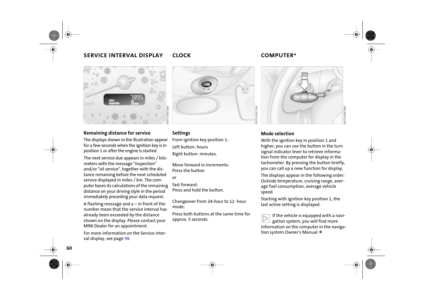 Service interval display, Clock, Computer | Mini 2003 Cooper User Manual | Page 62 / 148