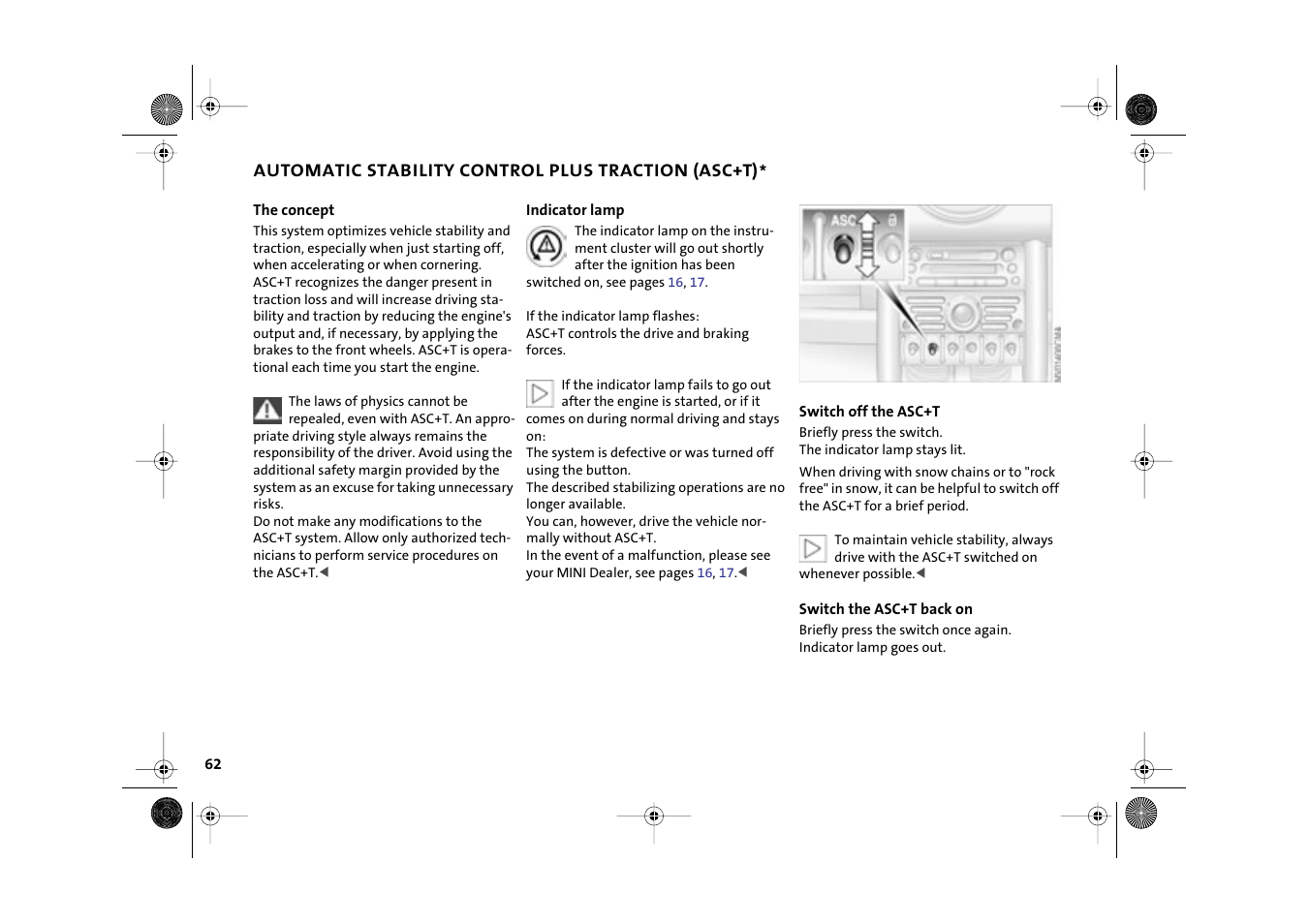Automatic stability control plus traction (asc+t), Asc+t) | Mini 2003 Cooper User Manual | Page 64 / 148