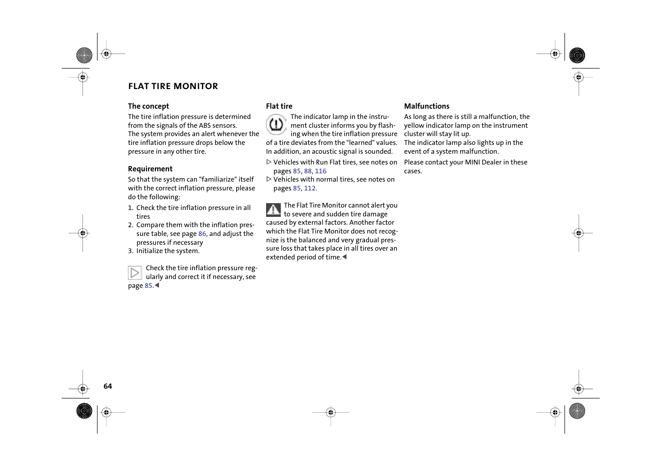 Flat tire monitor | Mini 2003 Cooper User Manual | Page 66 / 148