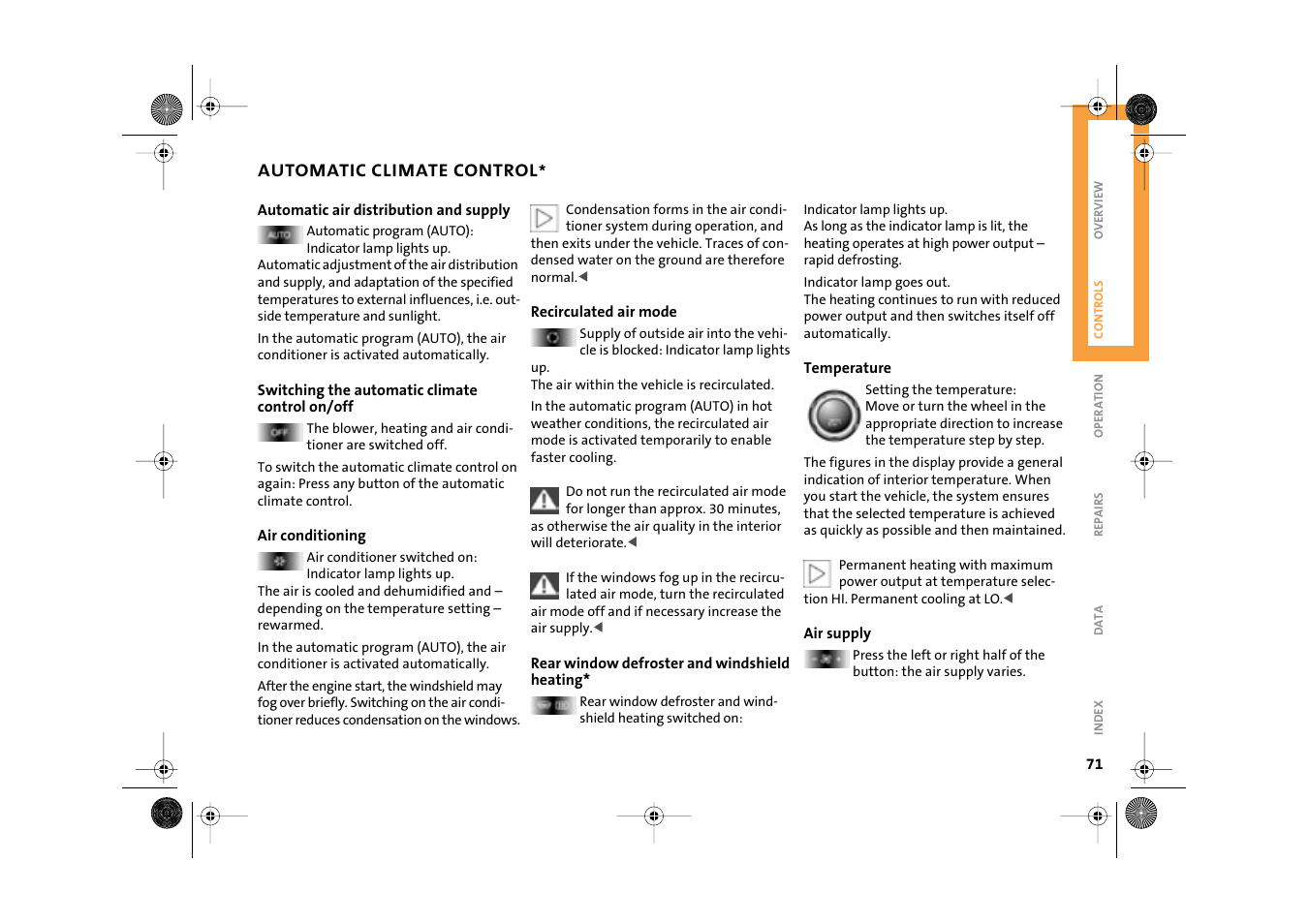 Heating, Recirculated air mode, Automatic air distribution and supply | On/off | Mini 2003 Cooper User Manual | Page 73 / 148