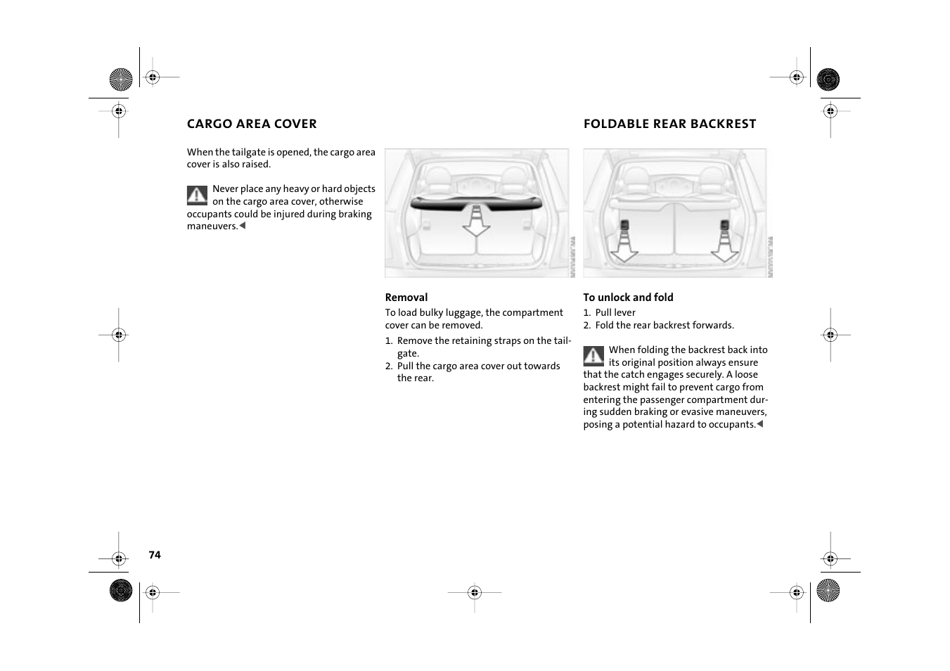 Cargo area cover, Foldable rear backrest | Mini 2003 Cooper User Manual | Page 76 / 148