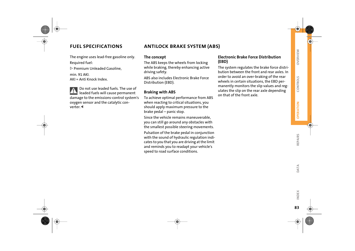 Fuel specifications, Antilock brake system (abs) | Mini 2003 Cooper User Manual | Page 85 / 148