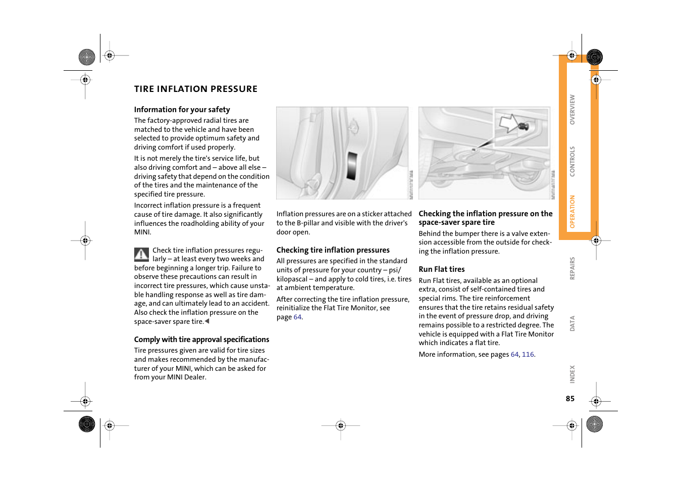 Tire inflation pressure | Mini 2003 Cooper User Manual | Page 87 / 148