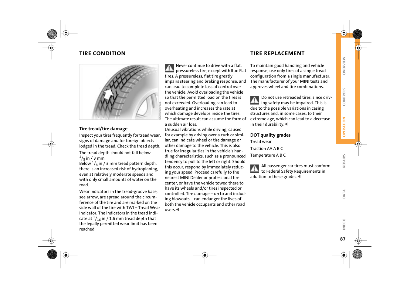 Tire condition, Tire replacement | Mini 2003 Cooper User Manual | Page 89 / 148
