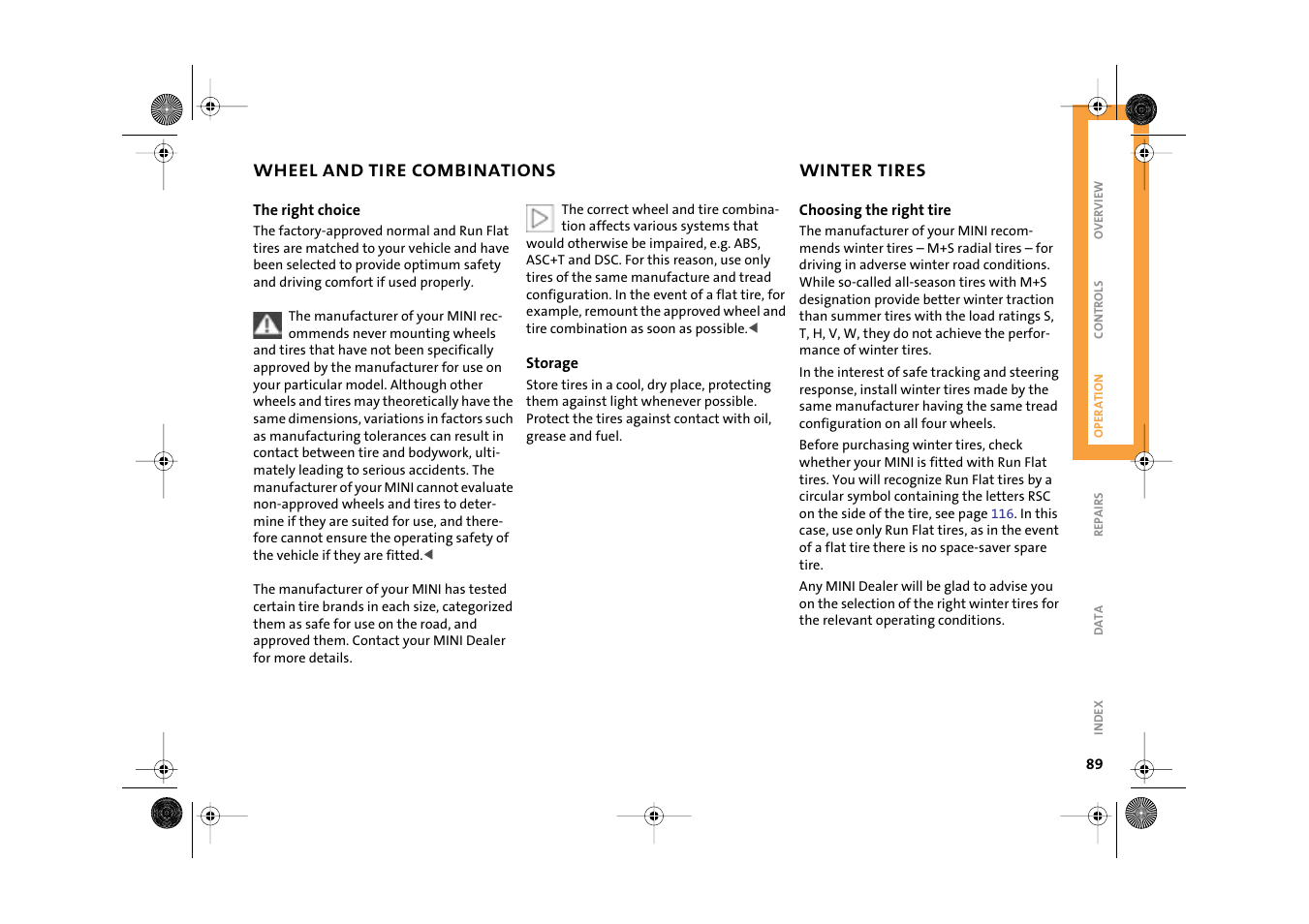 Wheel and tire combinations, Winter tires | Mini 2003 Cooper User Manual | Page 91 / 148