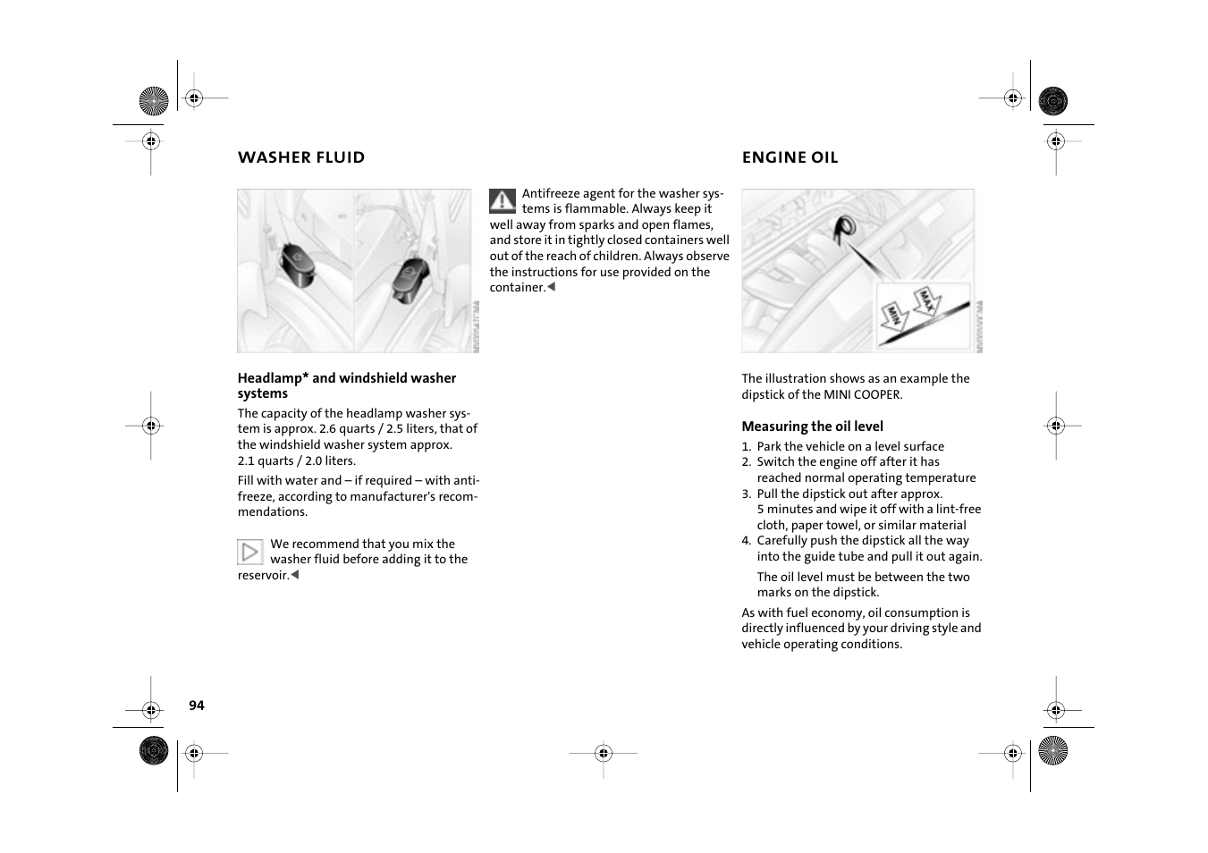 Washer fluid, Engine oil, System | Engine oil dipstick | Mini 2003 Cooper User Manual | Page 96 / 148