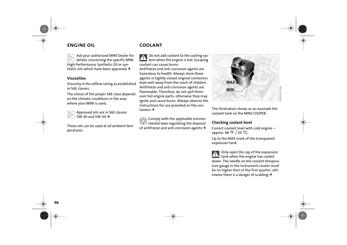 Coolant, Coolant expansion tank | Mini 2003 Cooper User Manual | Page 98 / 148