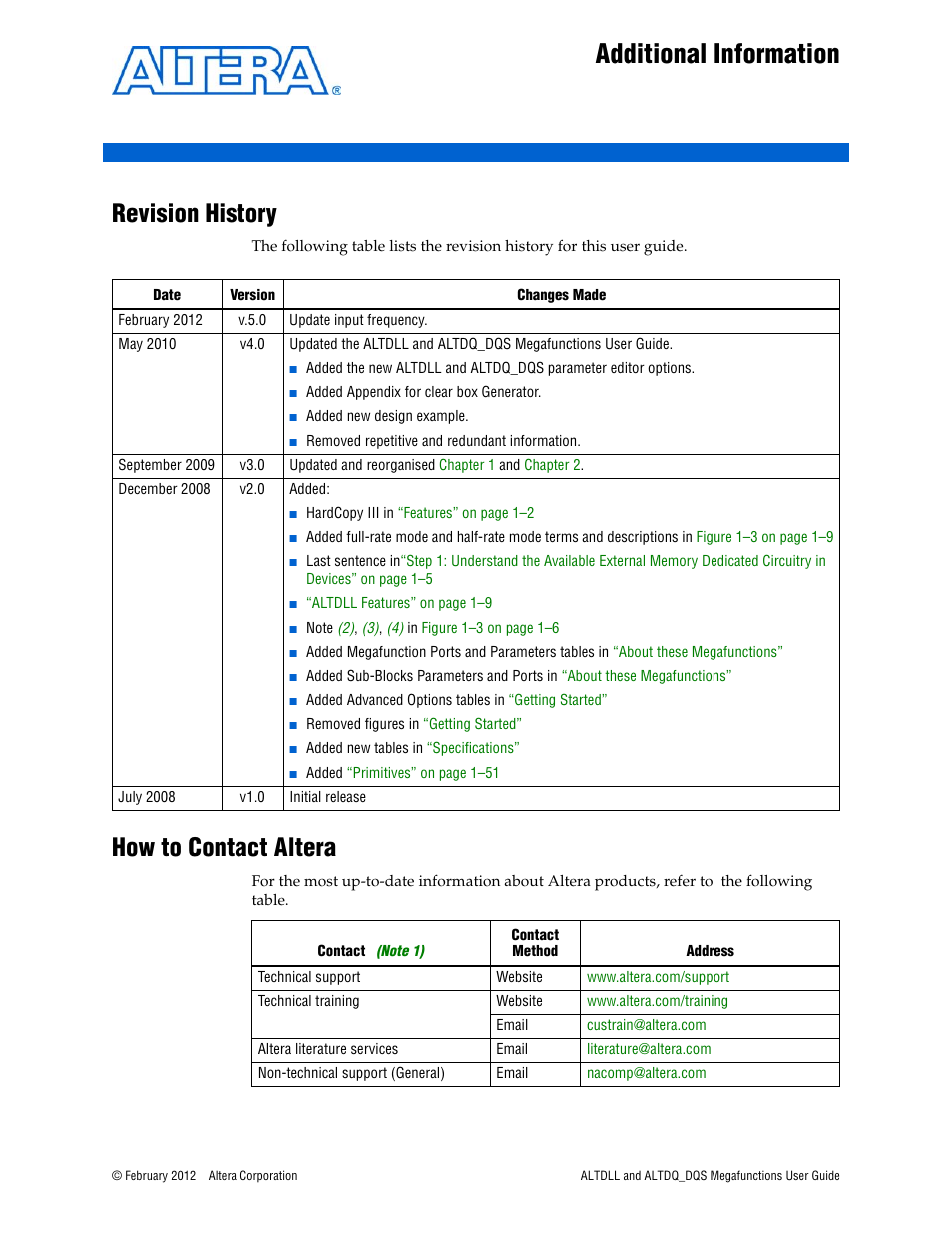 Additional information, Revision history, How to contact altera | Altera ALTDLL User Manual | Page 116 / 117