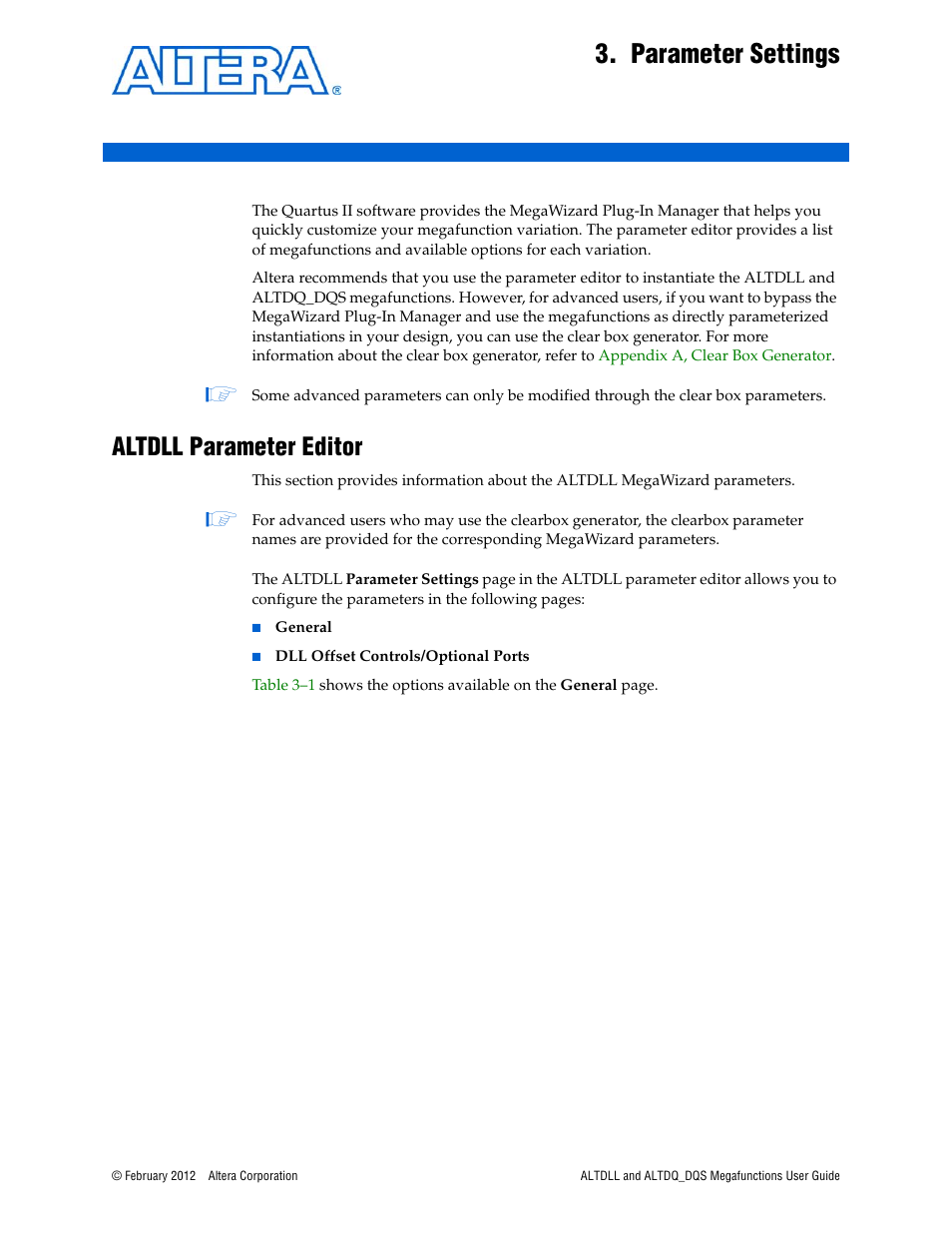 Parameter settings, Altdll parameter editor, Chapter 3. parameter settings | Altdll parameter editor –1 | Altera ALTDLL User Manual | Page 19 / 117