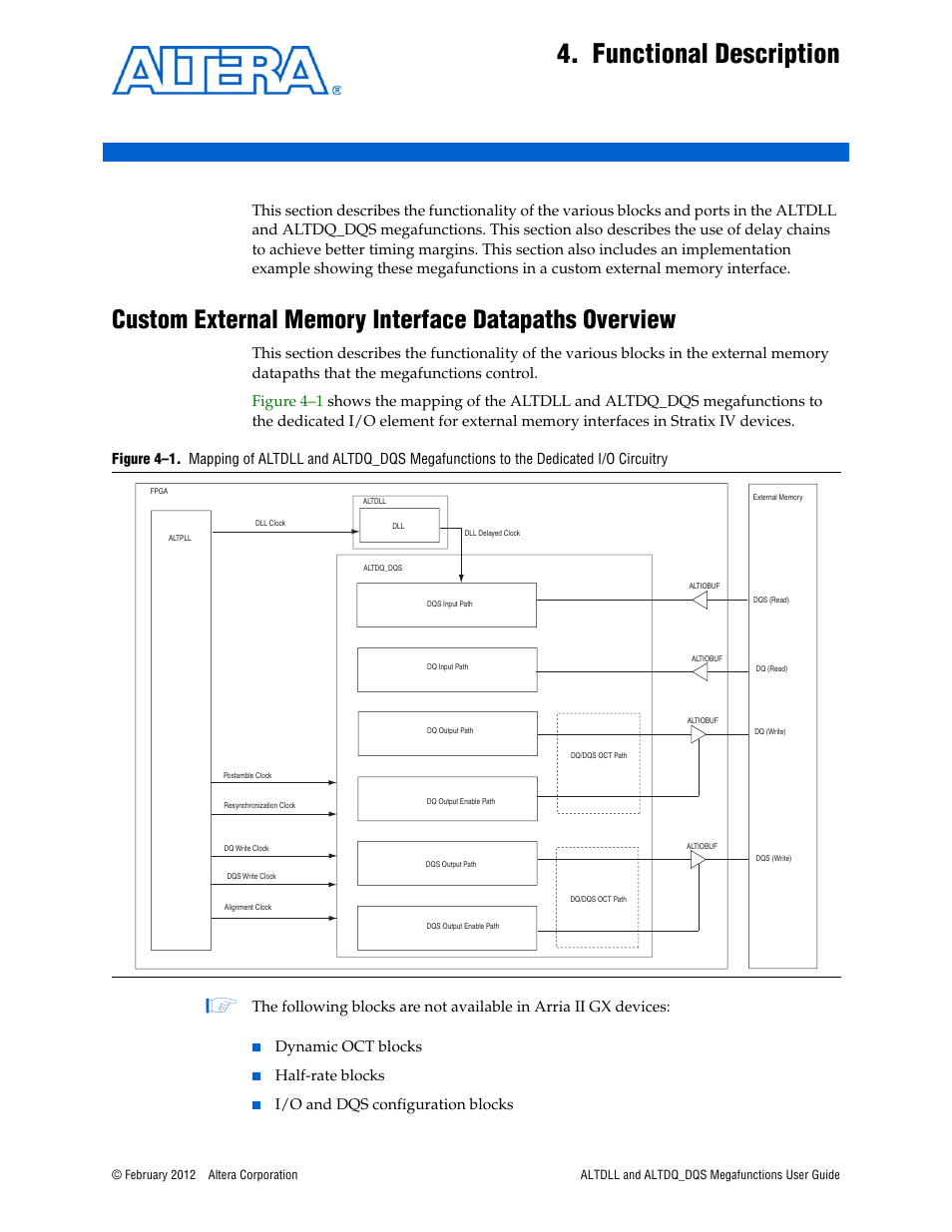 Functional description, Chapter 4. functional description, Dynamic oct blocks | Half-rate blocks, I/o and dqs configuration blocks | Altera ALTDLL User Manual | Page 37 / 117