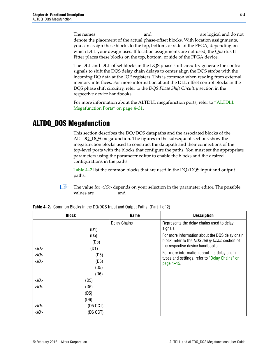 Altdq_dqs megafunction, Altdq_dqs megafunction –4, Table 4–2 | Altdq_dqs | Altera ALTDLL User Manual | Page 40 / 117