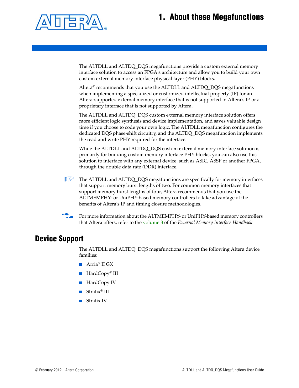 About these megafunctions, Device support, Chapter 1. about these megafunctions | Device support –1 | Altera ALTDLL User Manual | Page 5 / 117