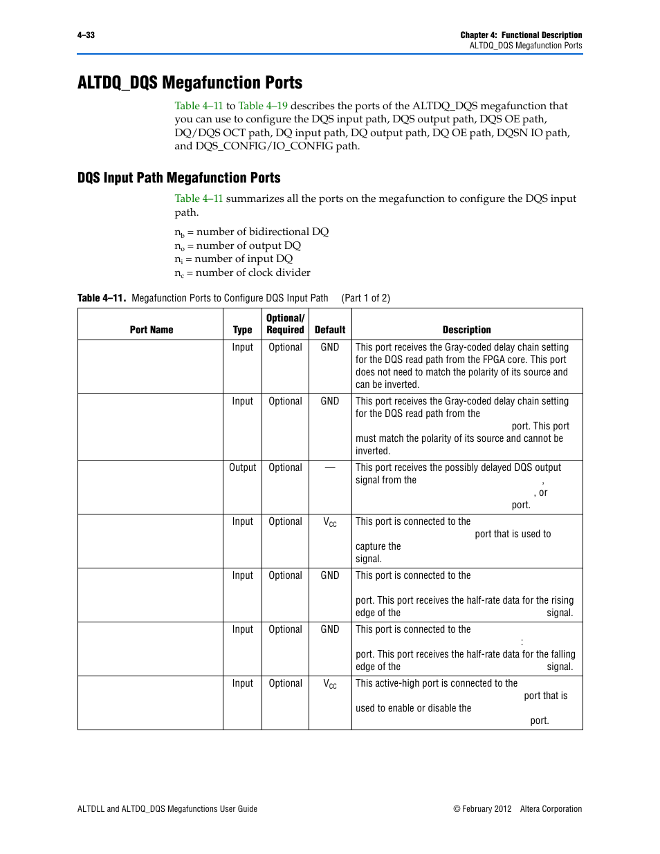 Altdq_dqs megafunction ports, Dqs input path megafunction ports, Altdq_dqs megafunction ports –33 | Dqs input path megafunction ports –33 | Altera ALTDLL User Manual | Page 69 / 117