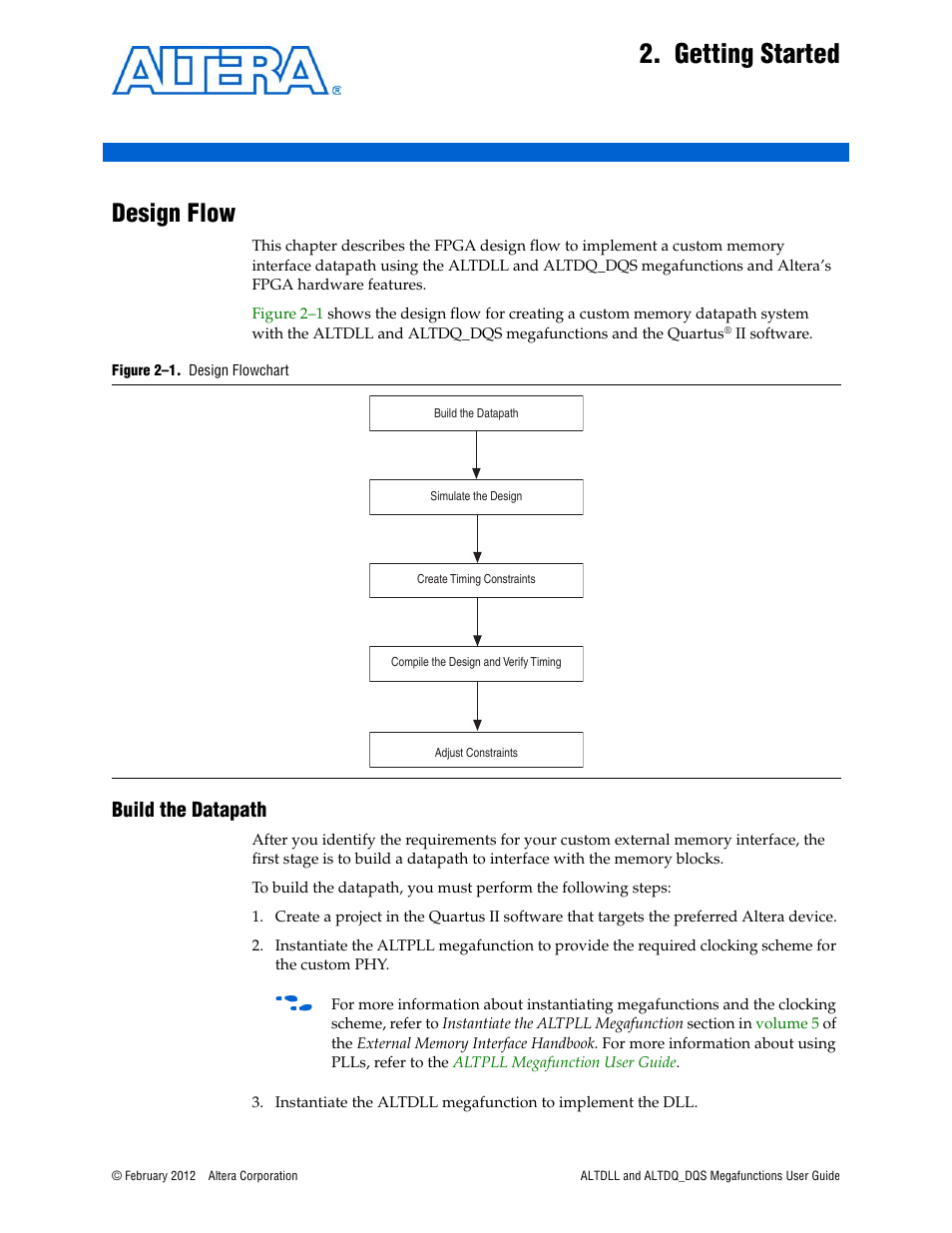 Getting started, Design flow, Build the datapath | Chapter 2. getting started, Design flow –1, Build the datapath –1 | Altera ALTDLL User Manual | Page 7 / 117