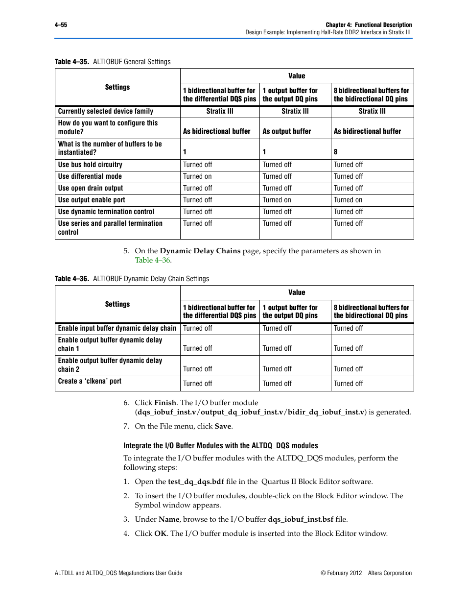 Integrate the i/o buffer modules with the, Table 4–35 | Altera ALTDLL User Manual | Page 91 / 117