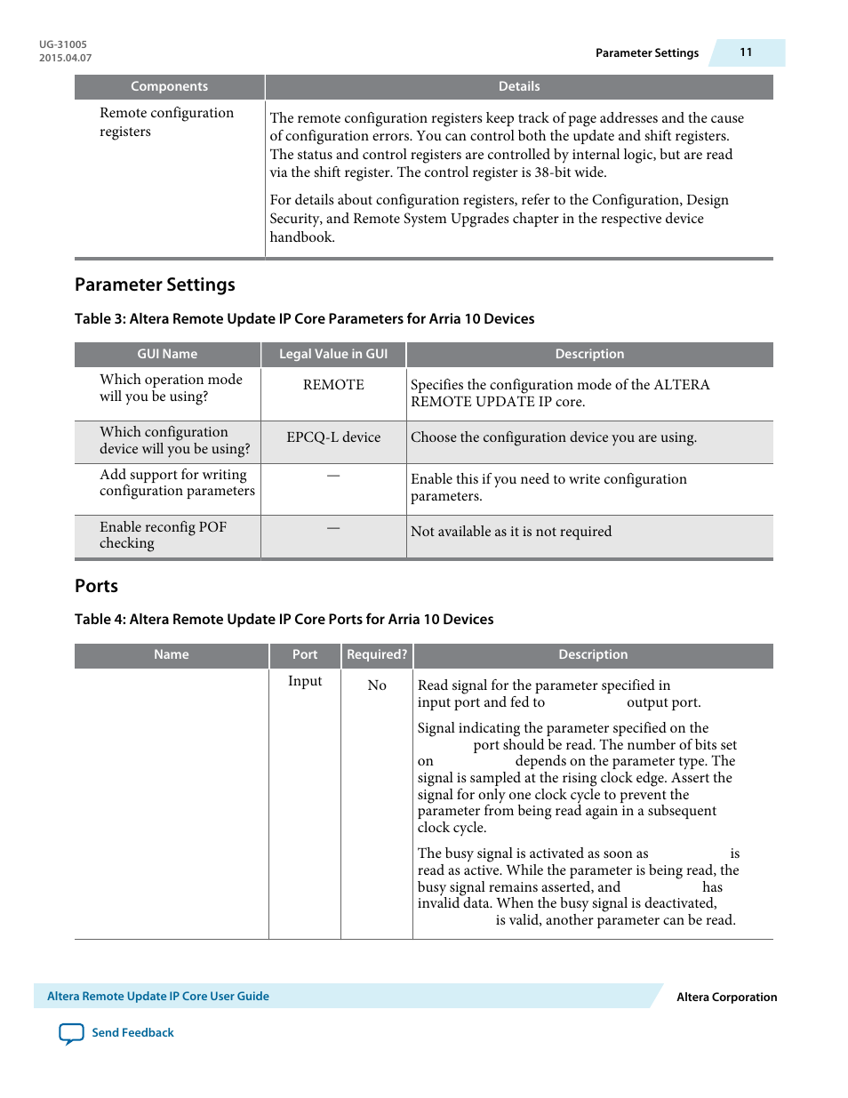 Parameter settings, Ports | Altera Remote Update IP Core User Manual | Page 11 / 43