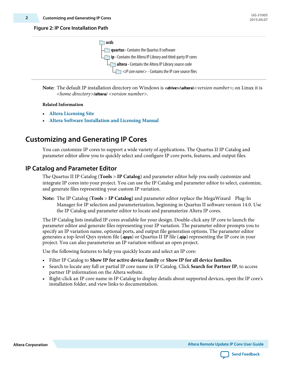 Customizing and generating ip cores, Ip catalog and parameter editor | Altera Remote Update IP Core User Manual | Page 2 / 43