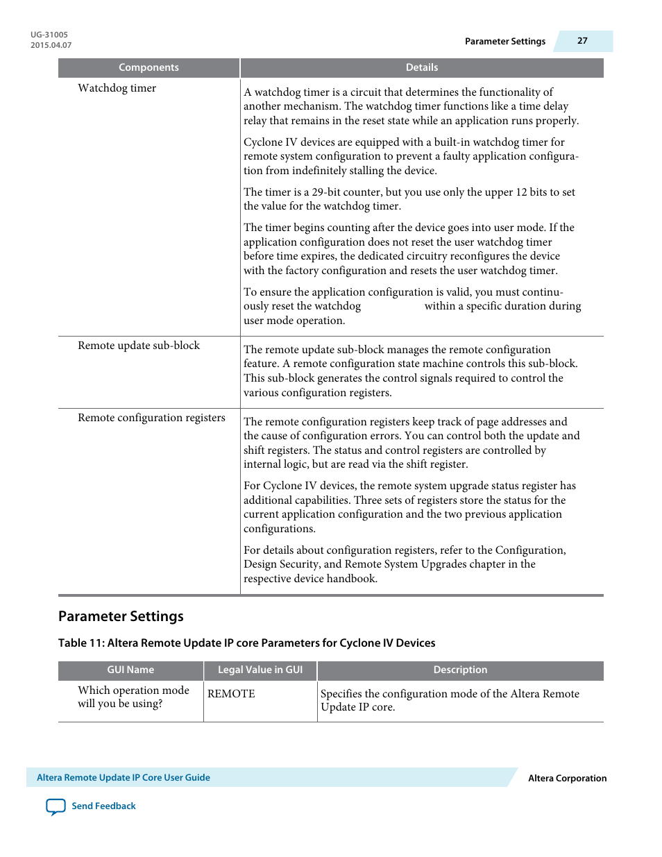 Parameter settings | Altera Remote Update IP Core User Manual | Page 27 / 43