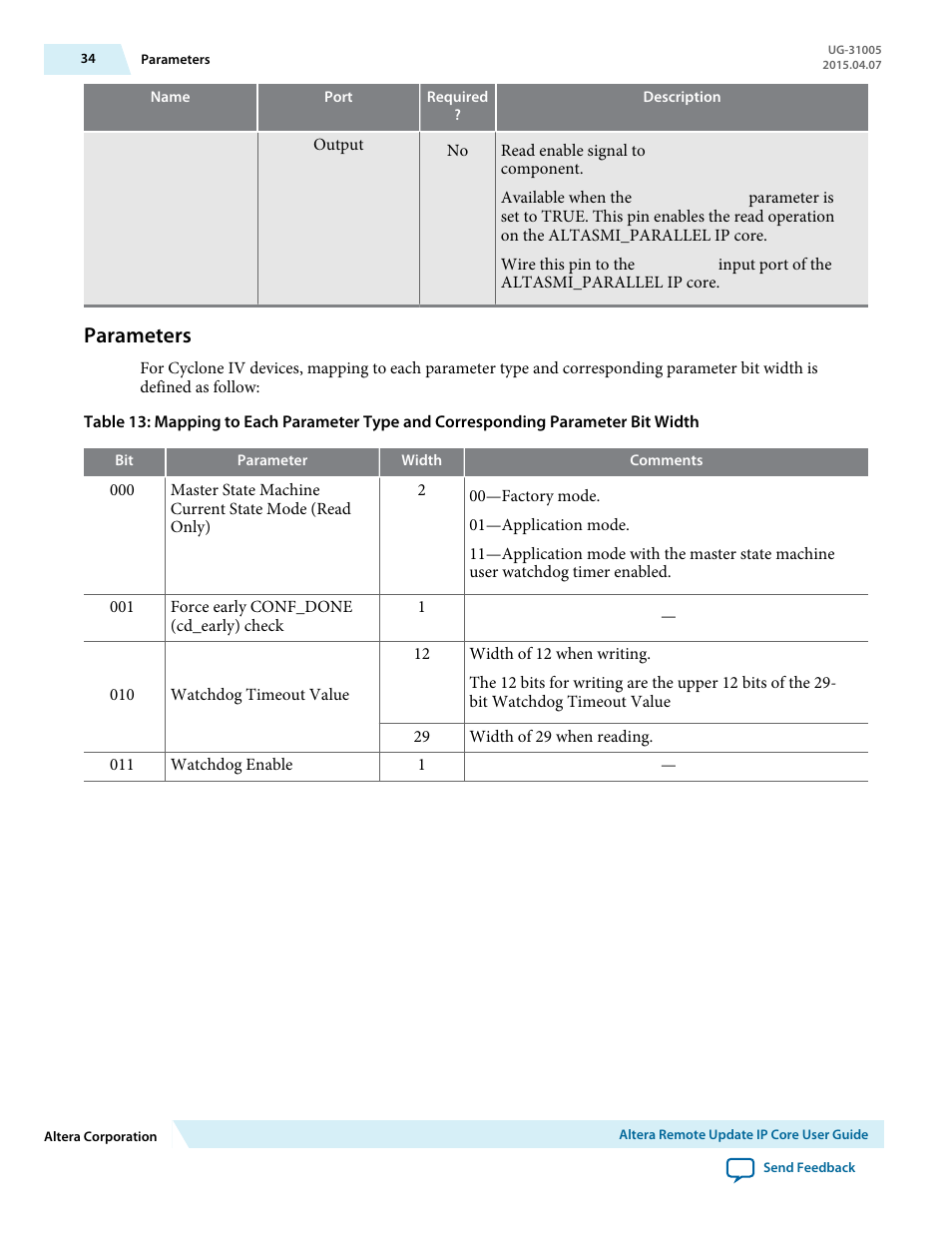 Parameters | Altera Remote Update IP Core User Manual | Page 34 / 43