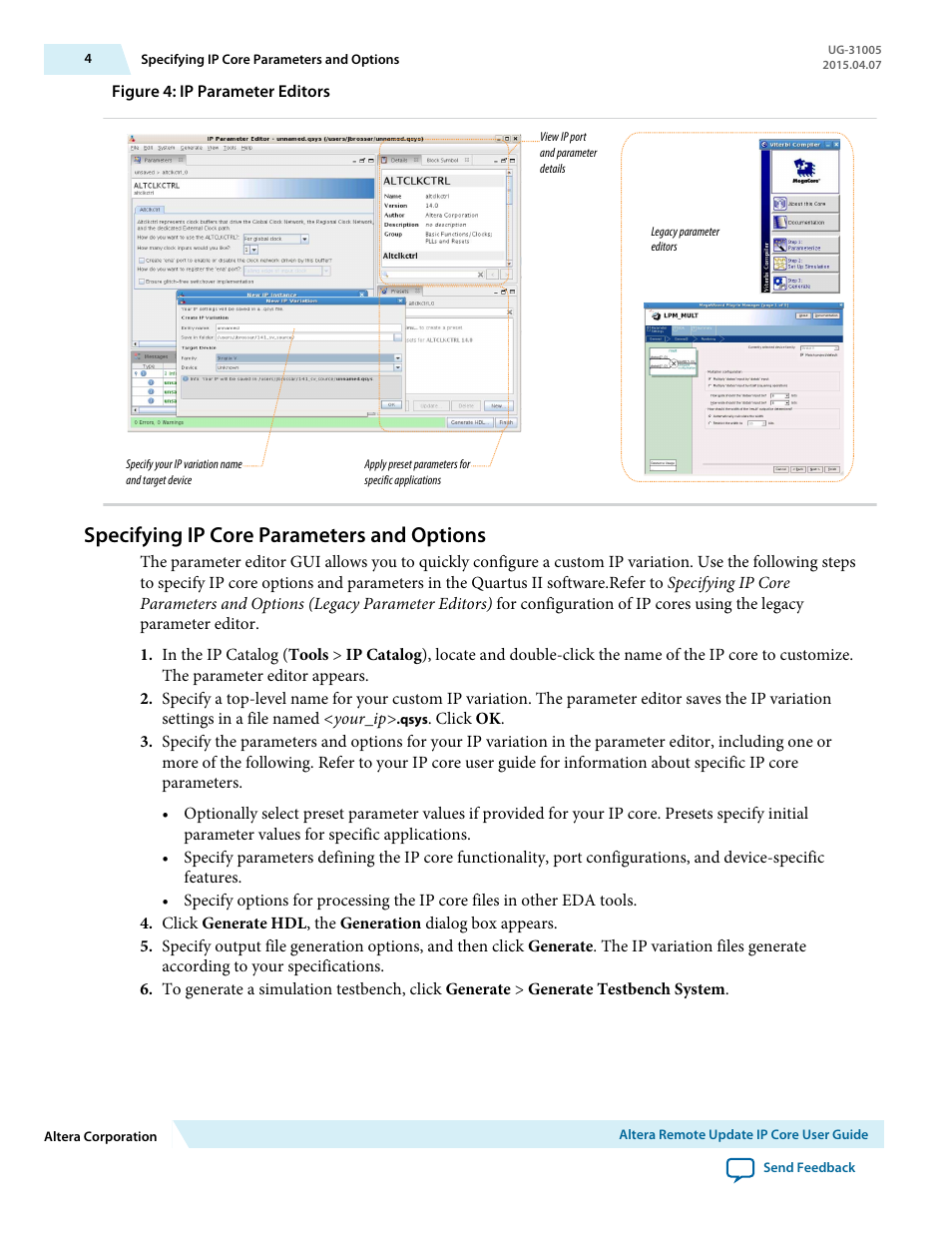 Specifying ip core parameters and options | Altera Remote Update IP Core User Manual | Page 4 / 43