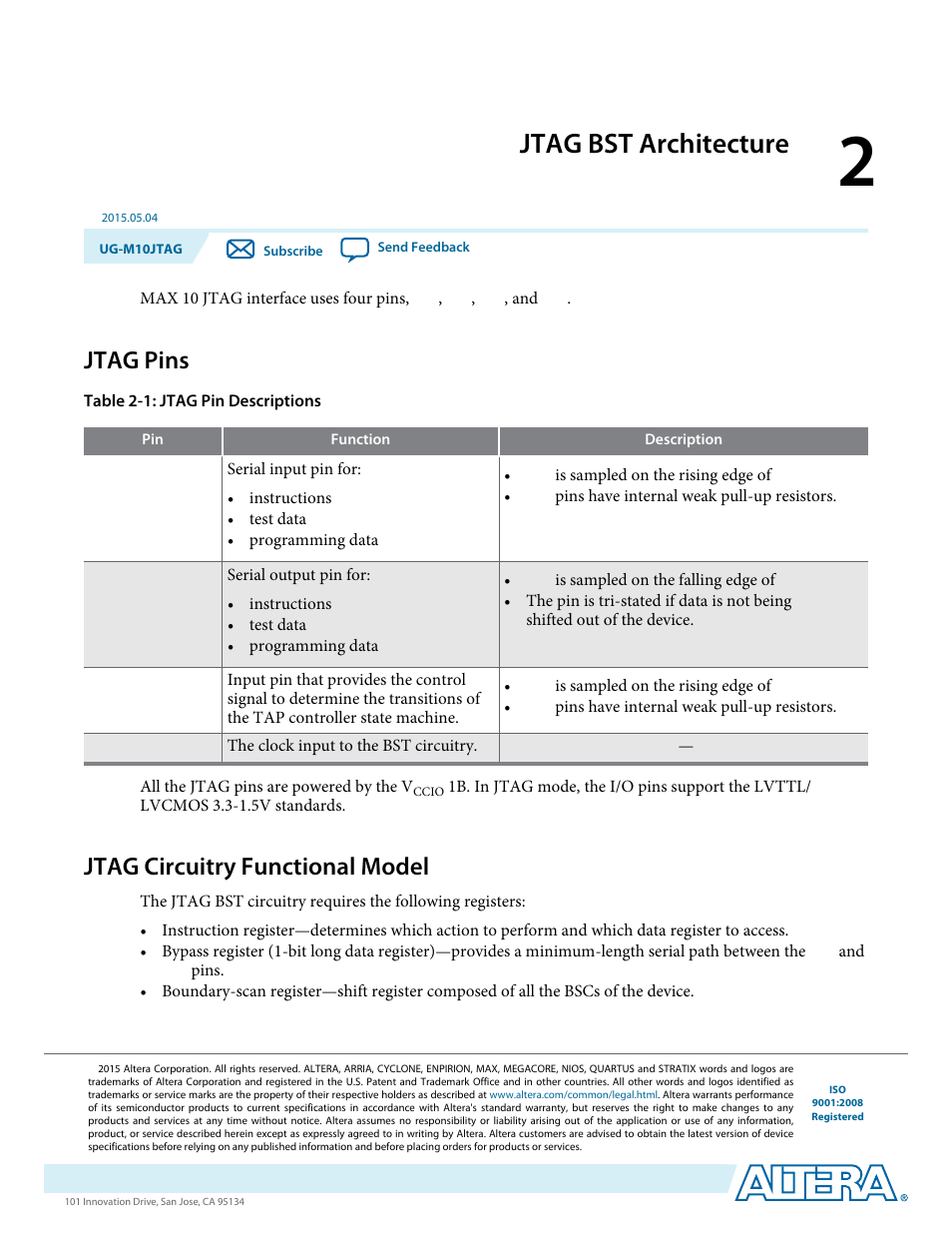 Jtag bst architecture, Jtag pins, Jtag circuitry functional model | Jtag bst architecture -1, Jtag pins -1, Jtag circuitry functional model -1 | Altera MAX 10 JTAG User Manual | Page 4 / 15