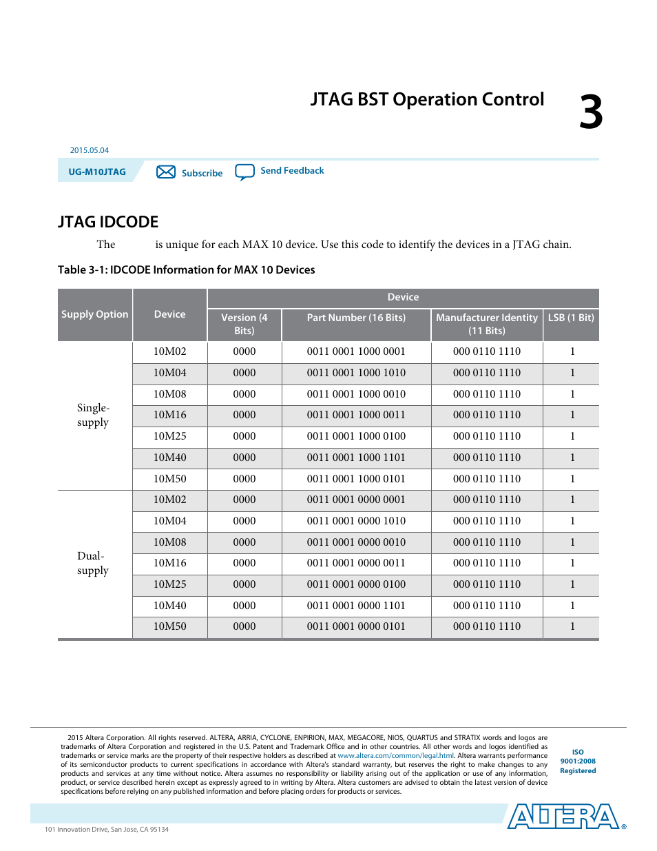 Jtag bst operation control, Jtag idcode, Jtag bst operation control -1 | Jtag idcode -1 | Altera MAX 10 JTAG User Manual | Page 8 / 15