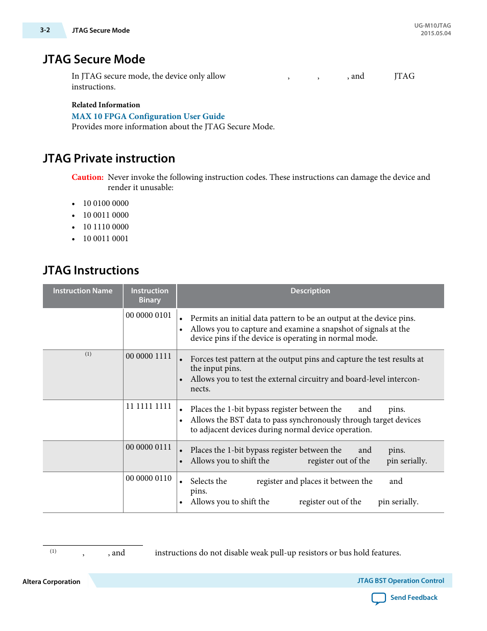Jtag secure mode, Jtag private instruction, Jtag instructions | Jtag secure mode -2, Jtag private instruction -2, Jtag instructions -2 | Altera MAX 10 JTAG User Manual | Page 9 / 15