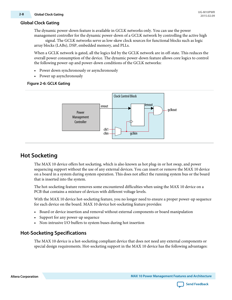 Global clock gating, Hot socketing, Hot-socketing specifications | Hot socketing -8, Hot-socketing specifications -8 | Altera MAX 10 Power User Manual | Page 11 / 21